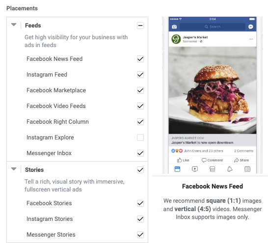 Os posicionamentos do Facebook definem os formatos para veicular seu anúncio.