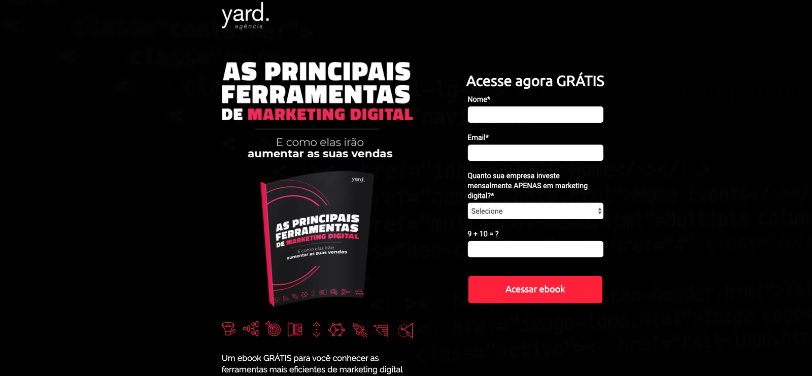 Exemplo de estrutura de uma landing page ofertando um conteúdo sobre as principais ferramentas de marketing digital.