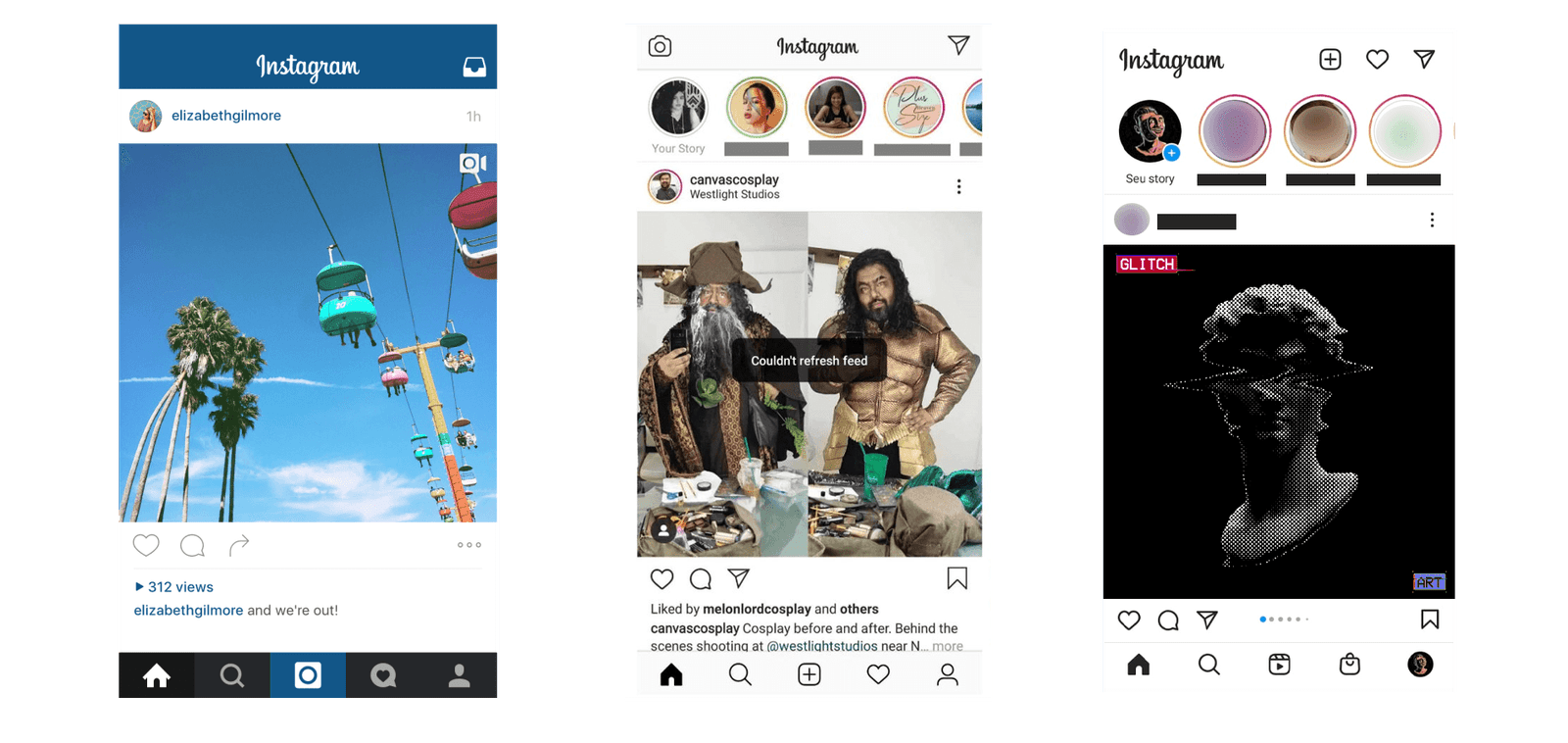 Um dos primeiros layouts do Instagram, em seguida a versão 2016 e a atual em último.