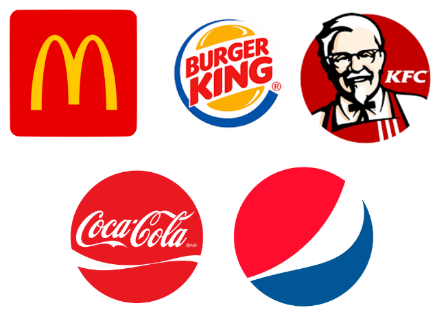 McDonalds, Burguer King, Kfc, Coca-cola e pepsi. Todas utilizam a cor vermelha de forma significativa