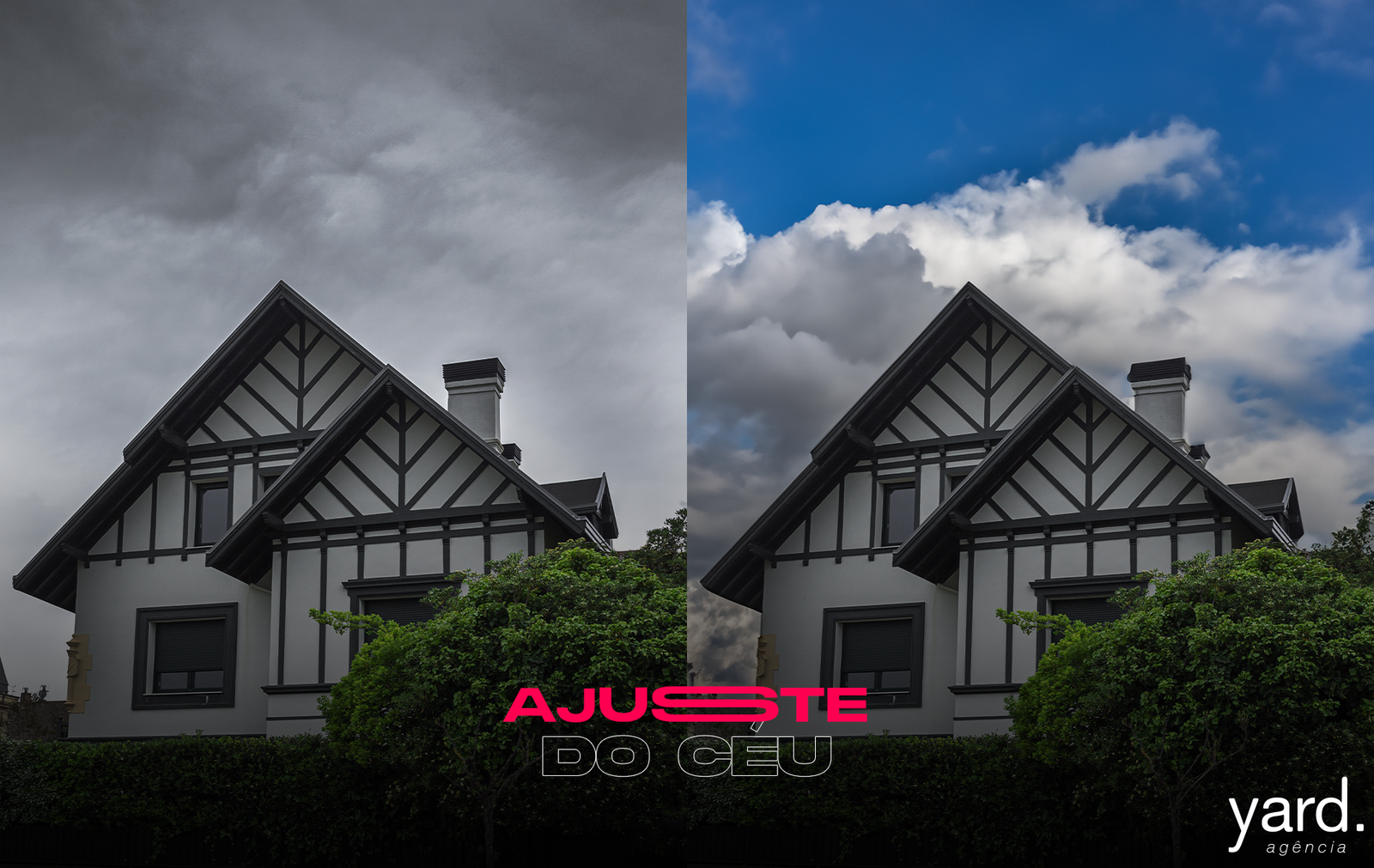 Imagem representando o antes e o depois do uso da inteligência artificial do Photoshop em que o antes é a fachada de uma casa com árvores e plantas e céu nublado e na imagem posterior o céu está azul com algumas nuvens, embaixo está escrito "ajuste do céu"