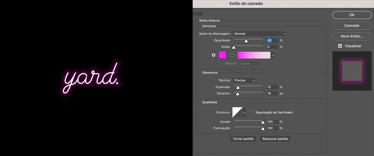 Configuração de brilho externo do photoshop para simular a fonte neon dos stories do instagram