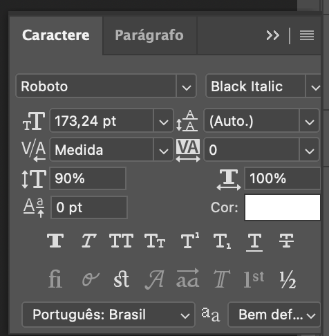 Configurações do photoshop para o caractere com o redimensionamento vertical em 90%